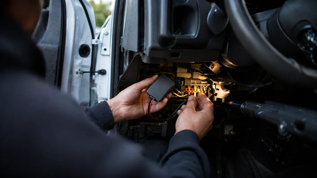 Technician wiring GPS tracker into vehicle fuse panel